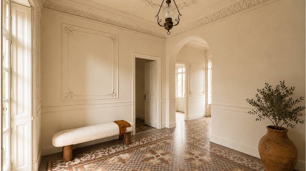 Entrance hall with restored mouldings and hydraulic tiling