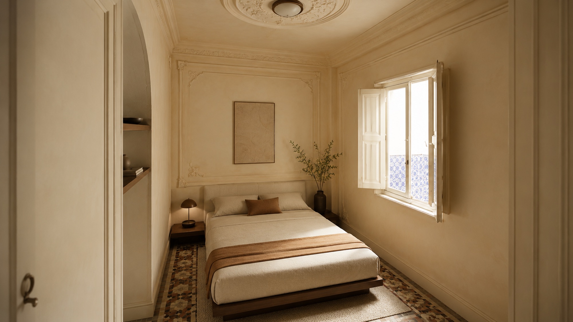 Renovated bedroom with restored ceiling detail